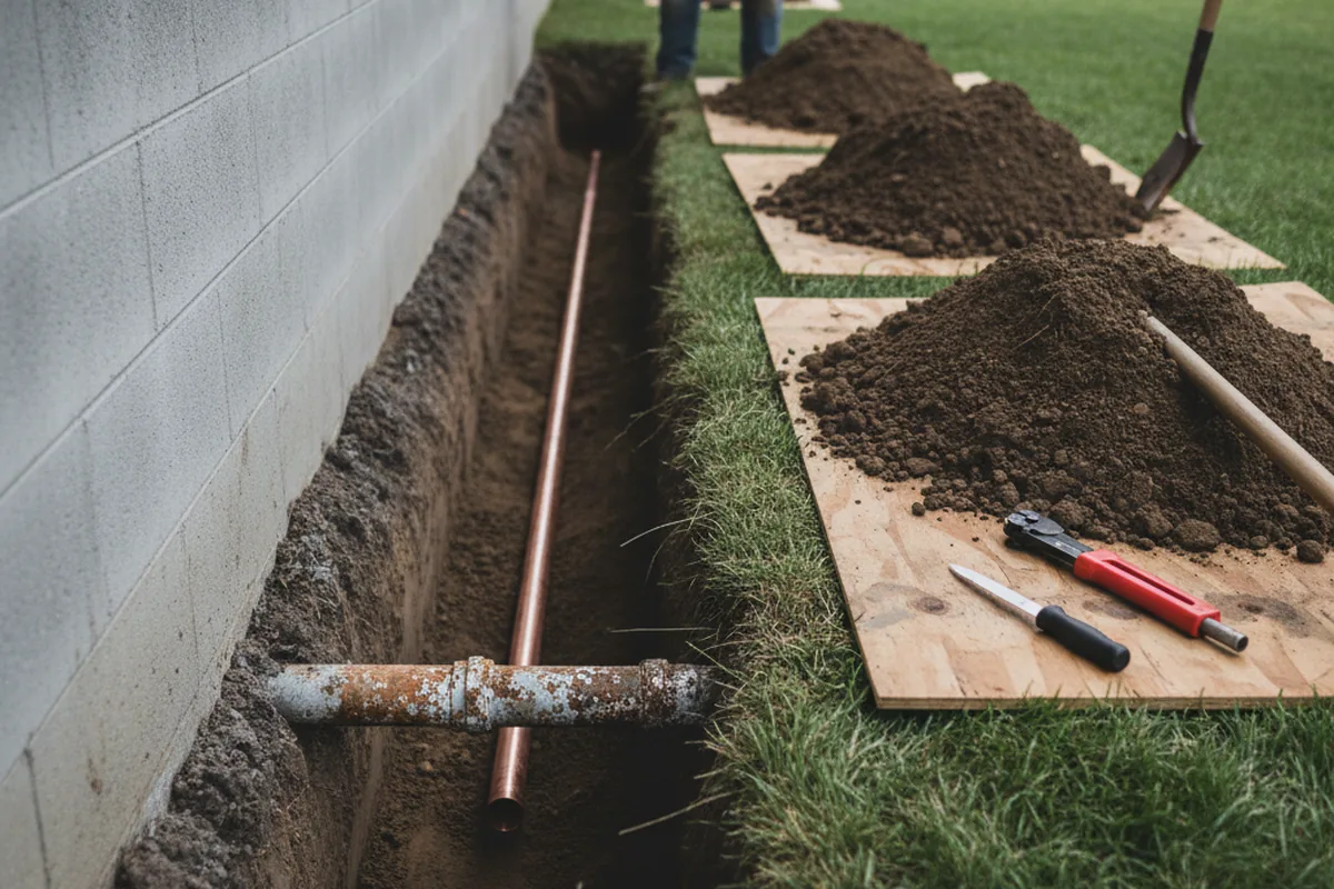 Excavated water line trench during Sewer Line Repair in Sauquoit